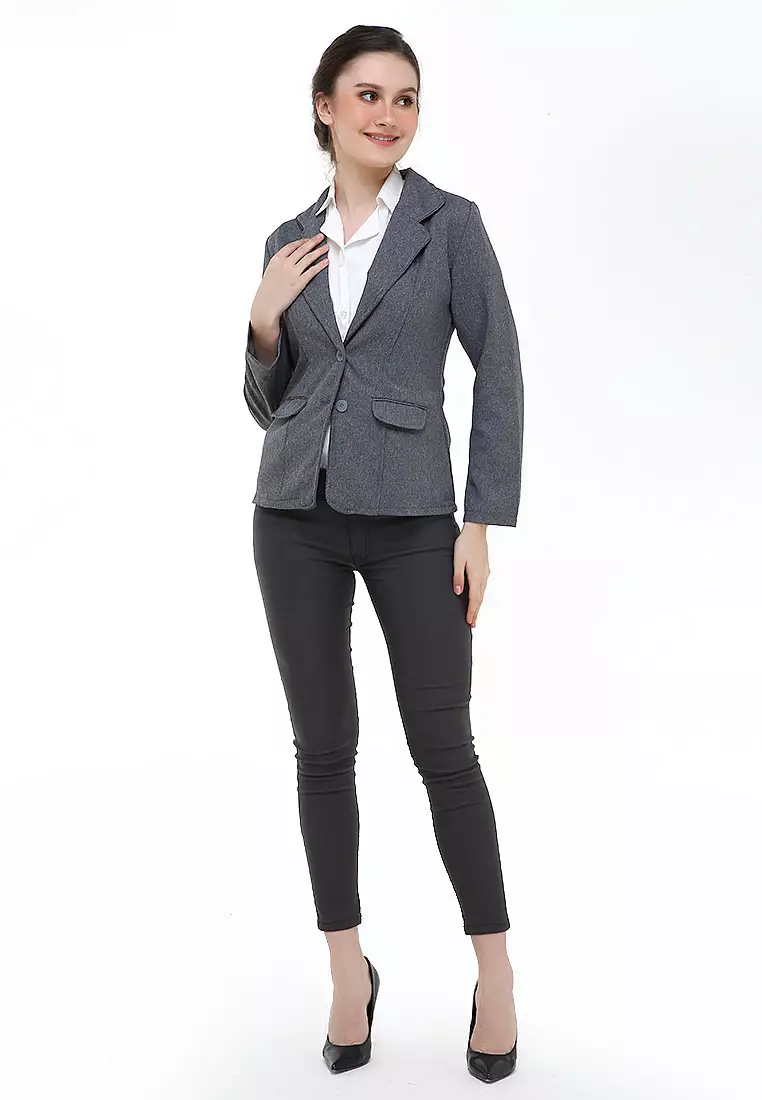 Qemsya Jas Blazer Wanita Premium Formal Longsleeve Suit Material Polyester ORIGINAL - Gray