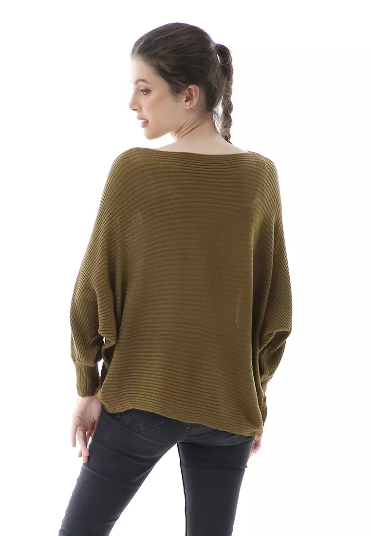 Eveline Sweater Rajut Batwing Atasan Wanita Motif Polos High Quality - Bronze
