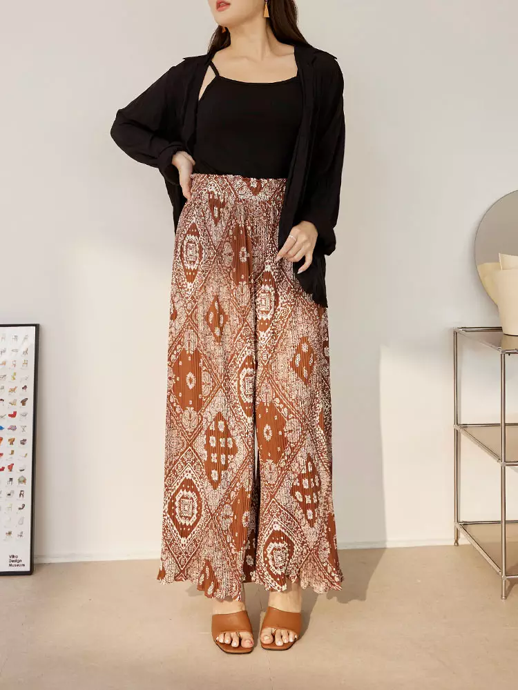 Printed pleated wide-leg pants with an elastic waistband [BA7530]