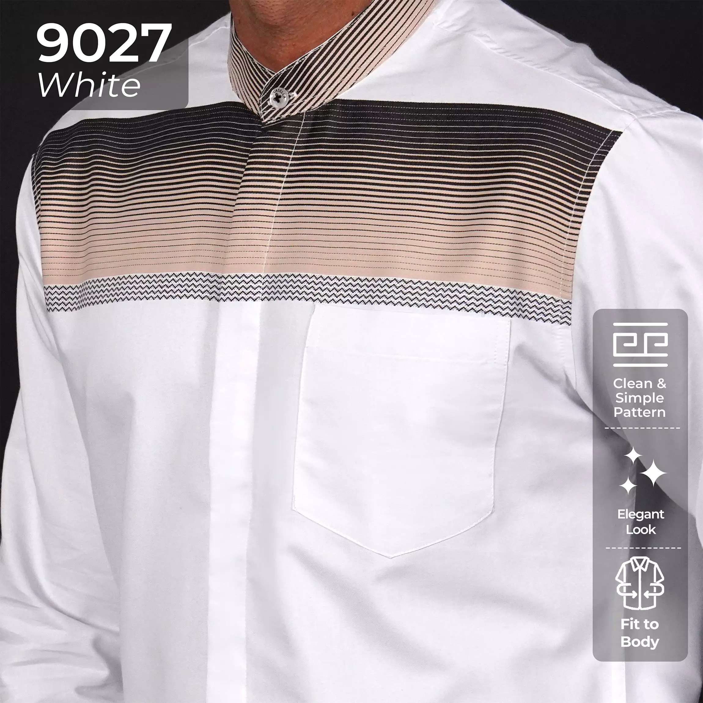 Casella Baju Koko Pria Lengan Panjang Premium Horizontal White | Koko Elegant Ismail Lengan Panjang 9027 White