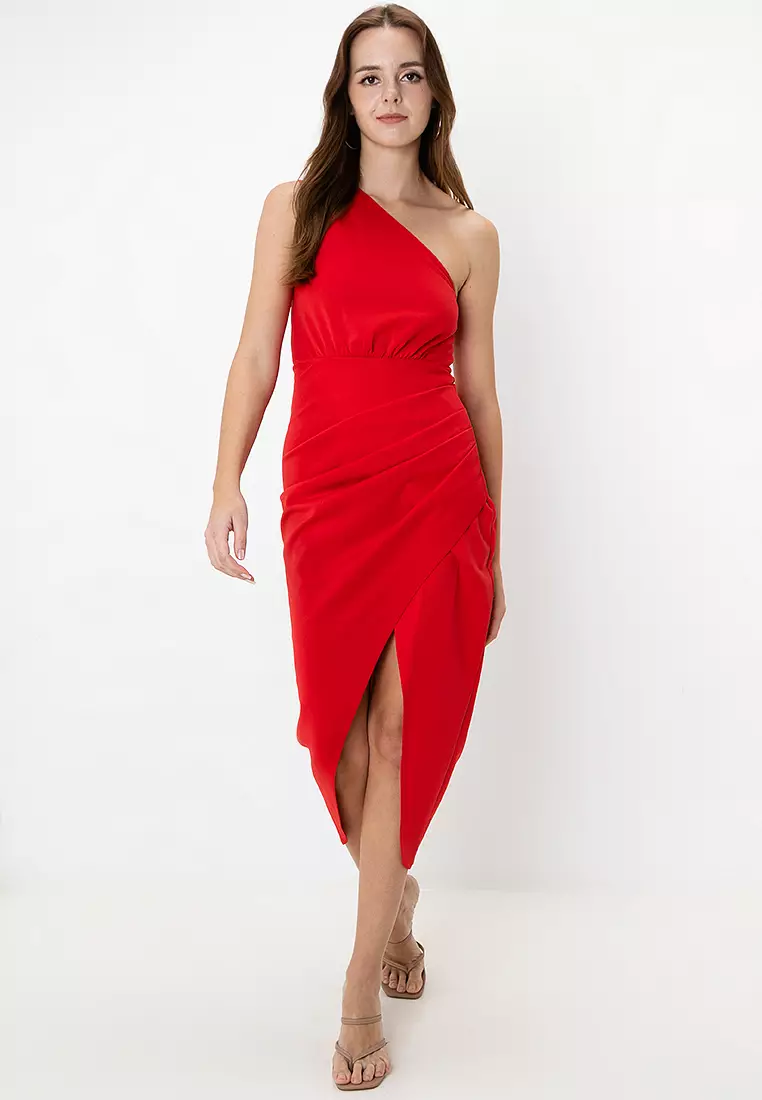 asos design one shoulder tuck detail midi dress ASOS One Shoulder Tuck Detail Midi Dress in Pink