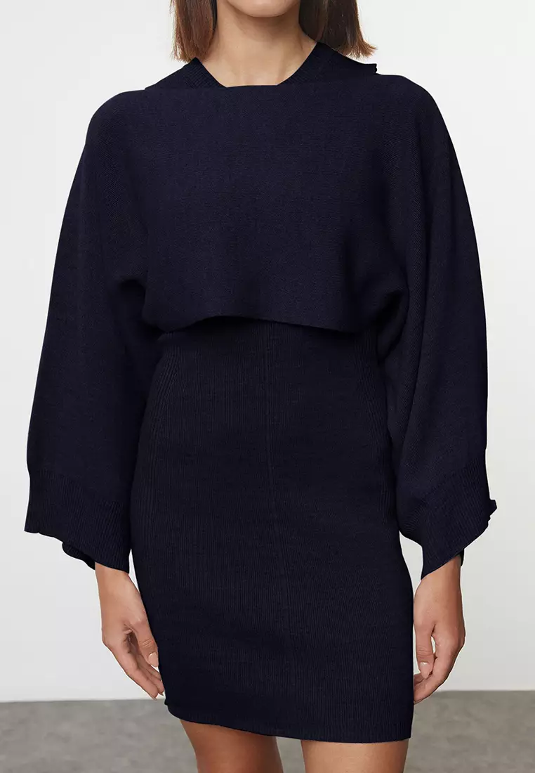 Navy Blue Mini Knitwear Bolero-Dress Suit Twoaw25El00056