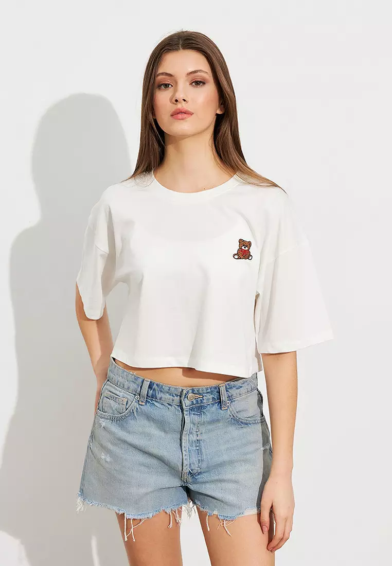 Teddy Bear Embroidered Crop T-Shirt