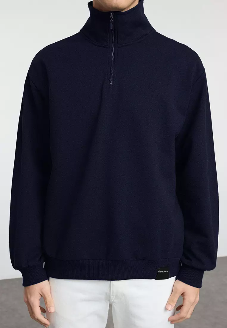 Navy Blue Oversize/Wide Cut Stand Collar Zippered Labeled Fleece Inside Sweatshirt TMNAW25SW00168