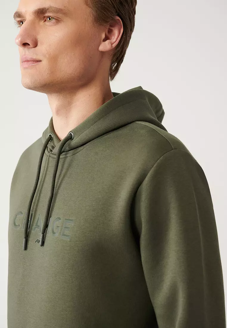 Men's Khaki Hooded 3 Thread Raised Printed Sweatshirt A32Y1240