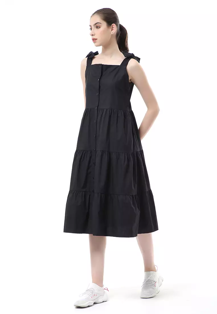 Rachel Dress Ruffle Wanita Tanpa Lengan Full Kancing Stylish Material Cotton ORIGINAL - Black