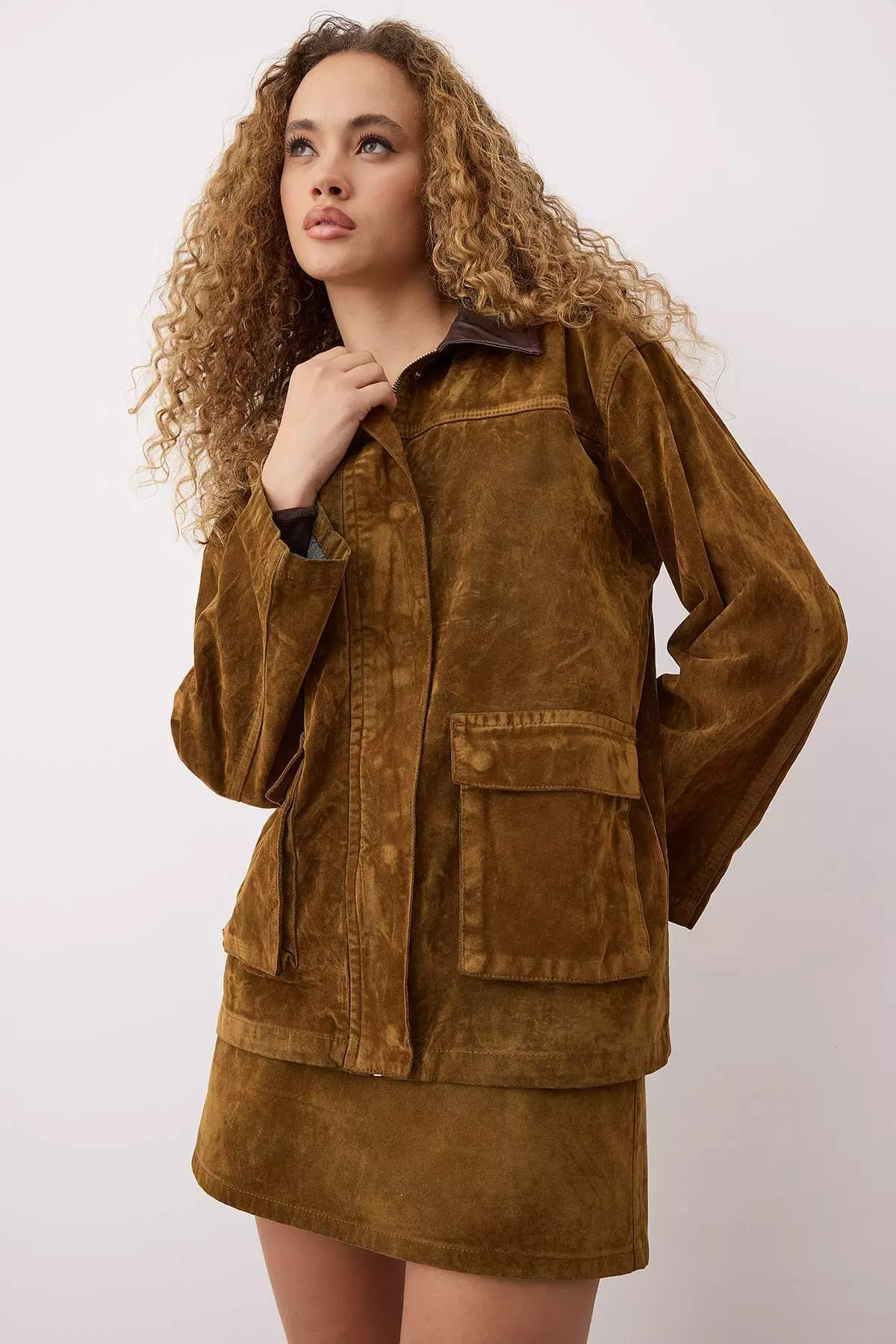 Camel Collar Leather Detailed Suede Look Oversize Denim Jacket