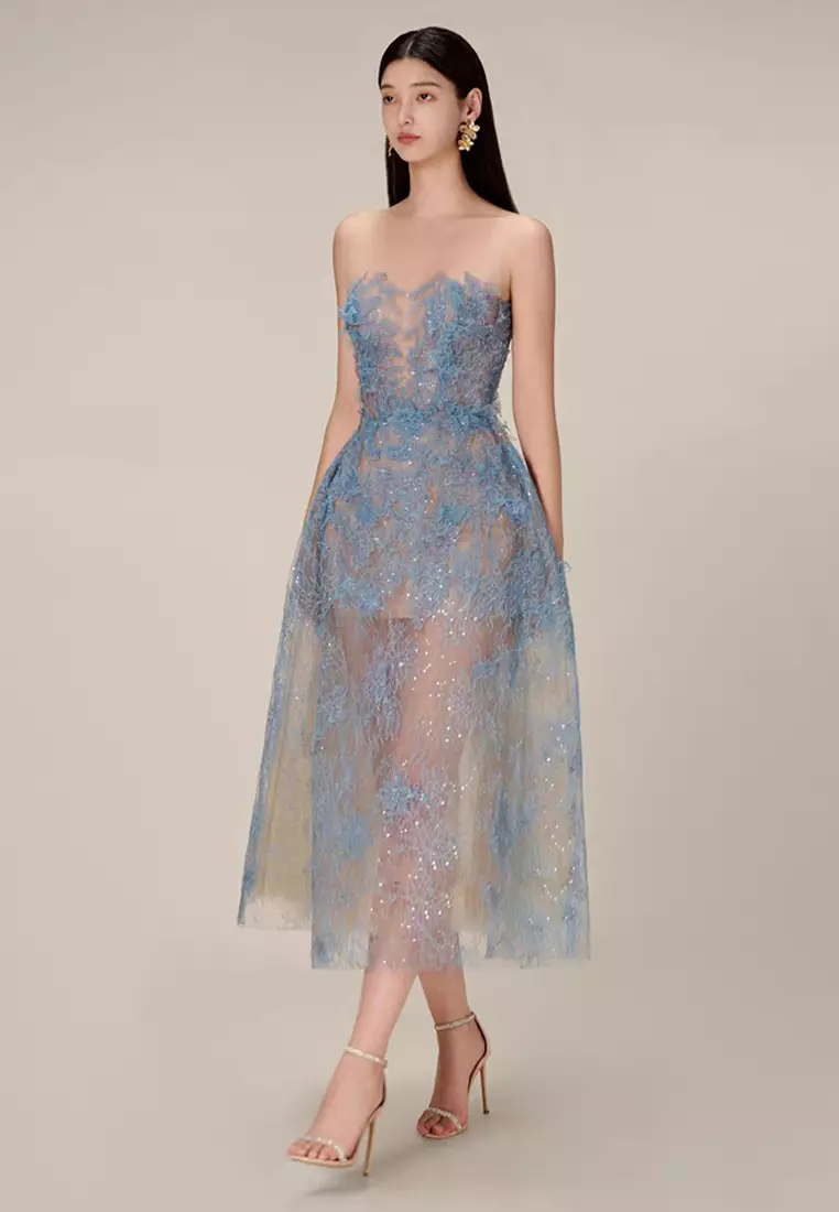 2024 Lace Dress with Elegance, Three Dimensional Flower Sequins, Slim Fit CA4021912BL