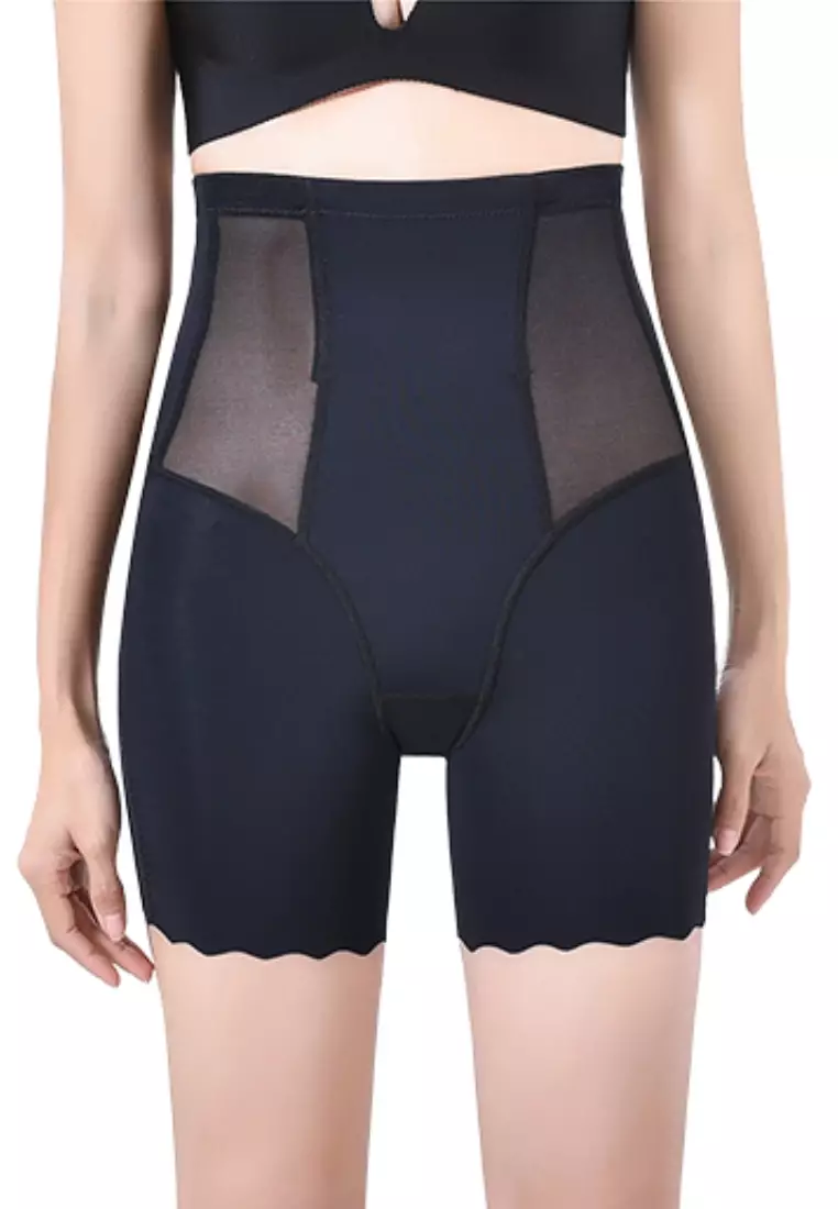 Premium Jazlyn High-Waisted Ice-Silk Contour Shaping & Lifting Girdle Shorts Scallop Hem in Black