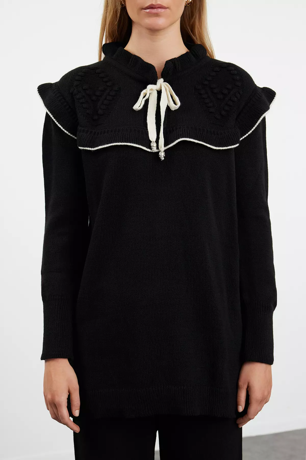 Ecru Black Ribbed Collar Knitwear Set - Tctaw25Us00006