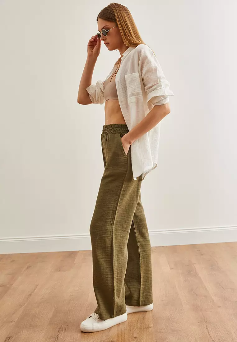 Elastic Waist Pocket Muslin Pants