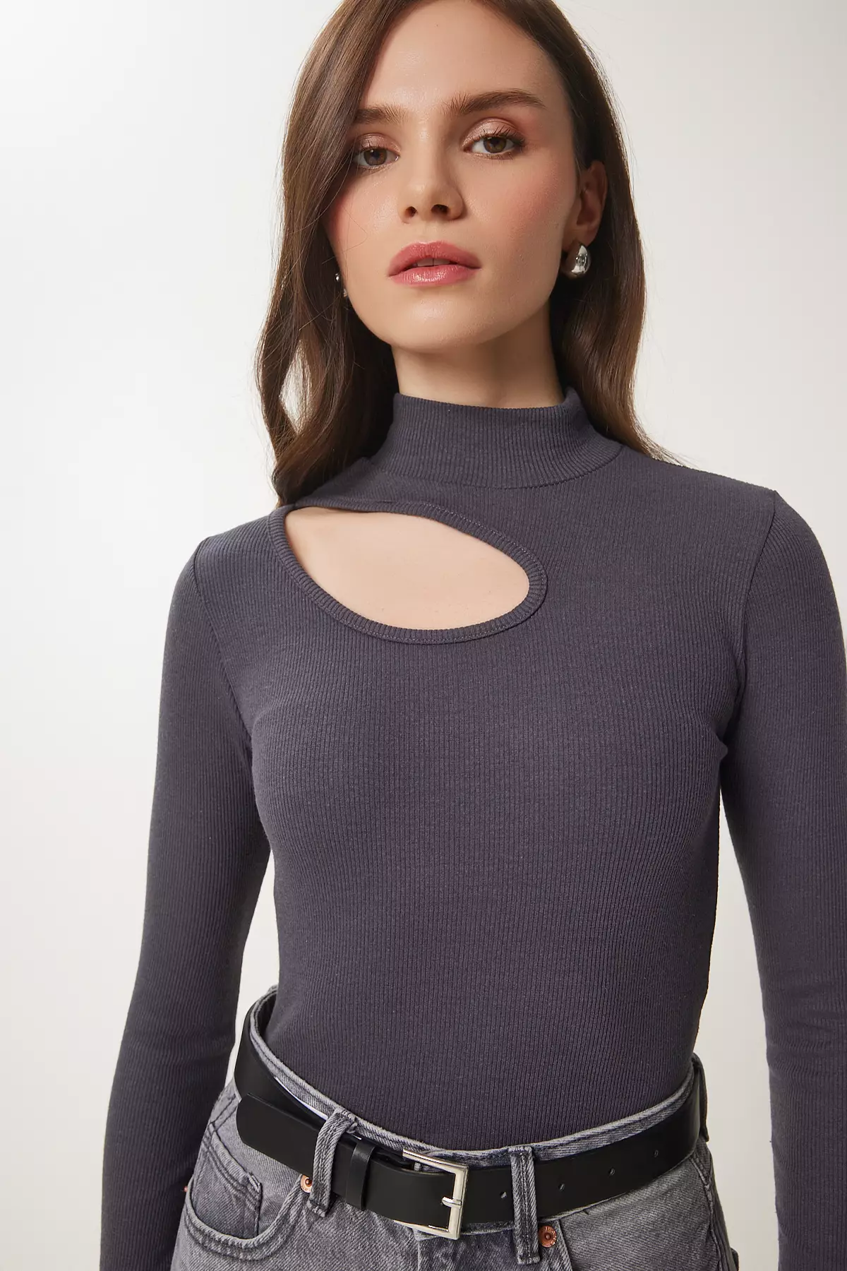 Women'S Anthracite White 2-Pack Cut Out Detailed Ribbed Knitted Blouse Gt00235