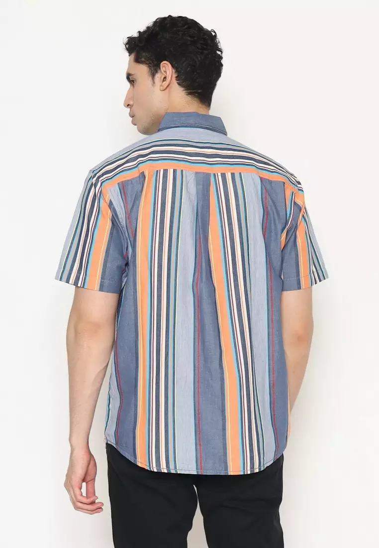 POLICE Kemeja Salur Printing Biru Orange Regular Fit Pria