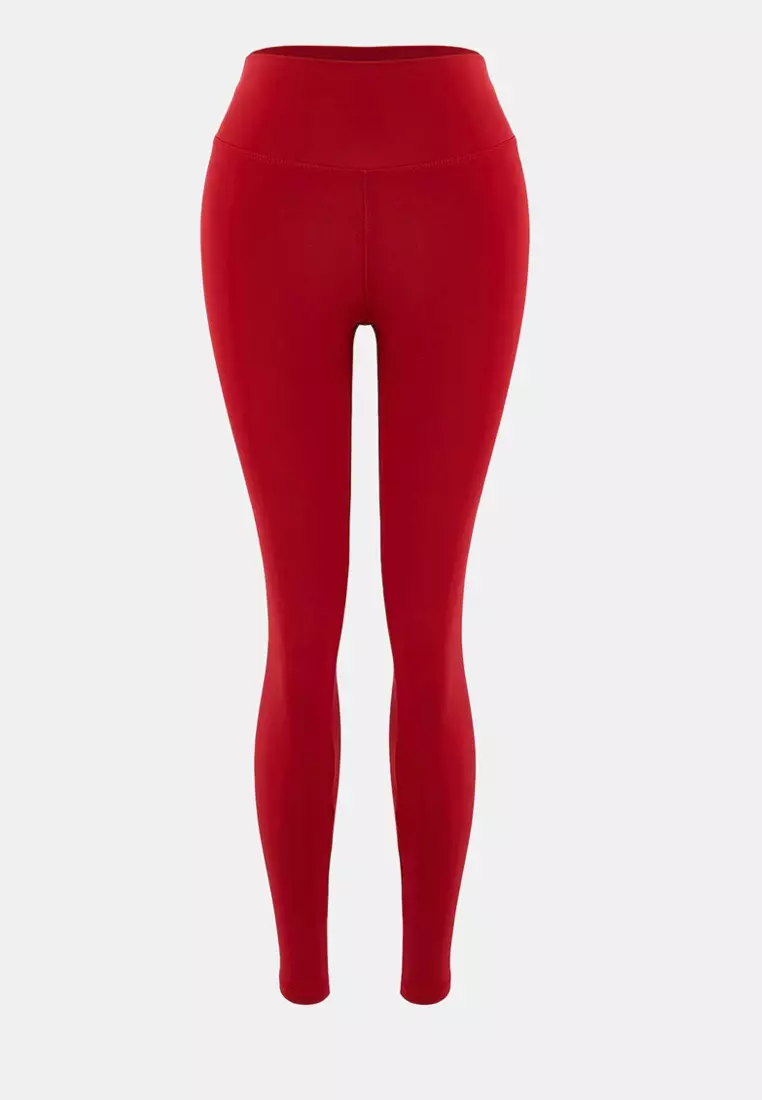 Red Soft Brushed Fabric Reflector Print Detailed Full Length Knitted Sports Leggings Thmaw25Ty2