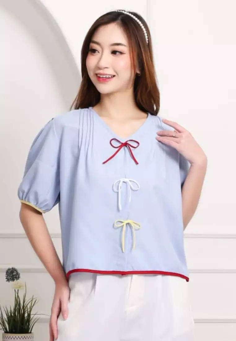 Jipii Blouse Ribbon with Puff Sleeve in Light Blue