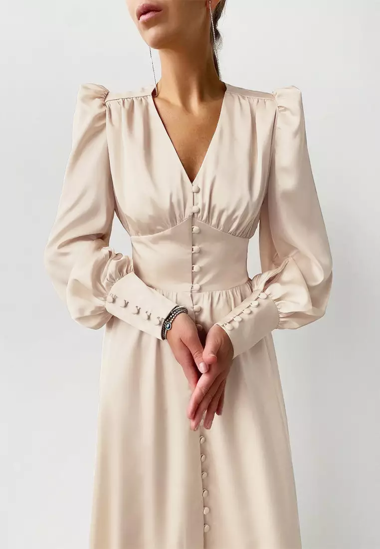 气质缎面灯笼袖收腰设计感连衣裙A121822BE