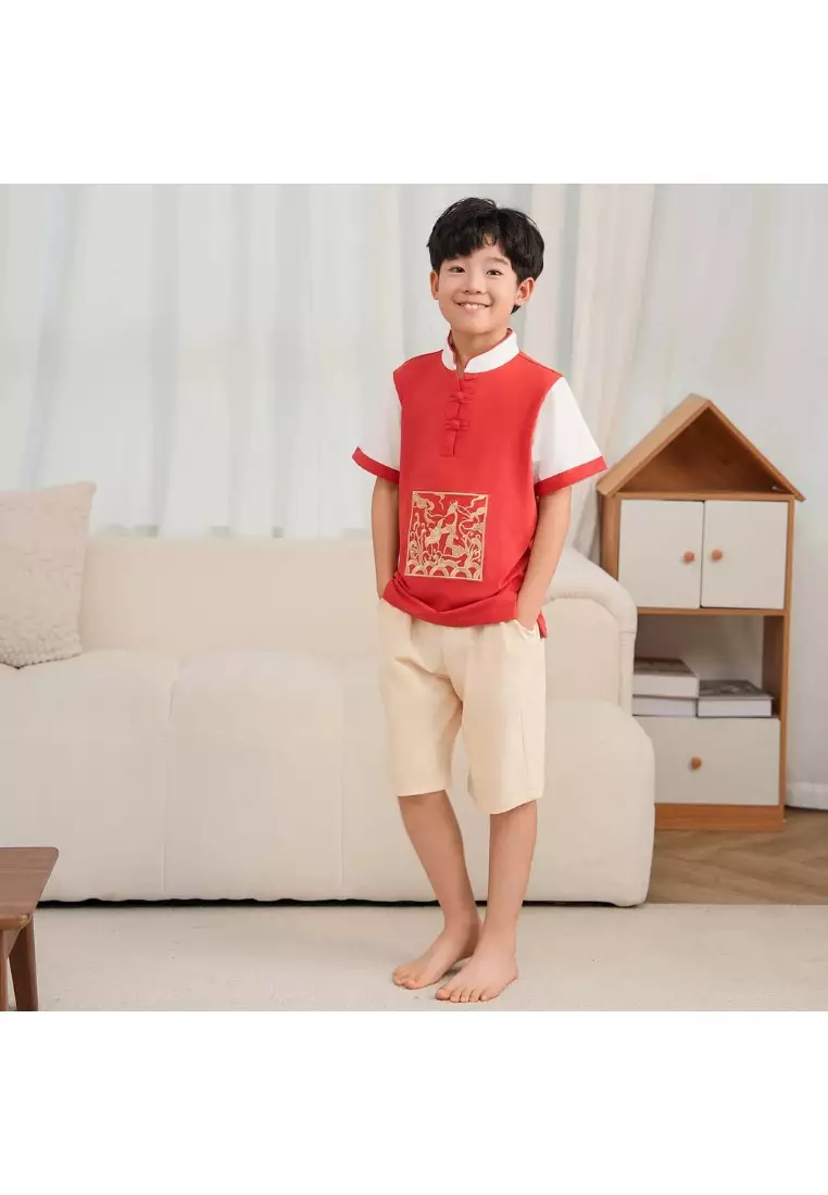 尊貴鳳凰旗袍權力與新生的象徵嬰兒兒童男童唐裝漢服套装上衣短褲春節中國拜年服0837