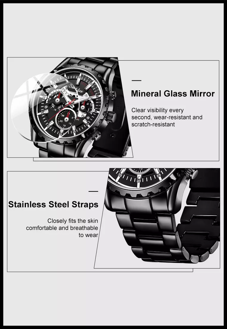 Jam Tangan Pria 8081 Kuarsa Hollow Design Kalender Tali Stainless Steel Jam Tangan Cowok Allblack