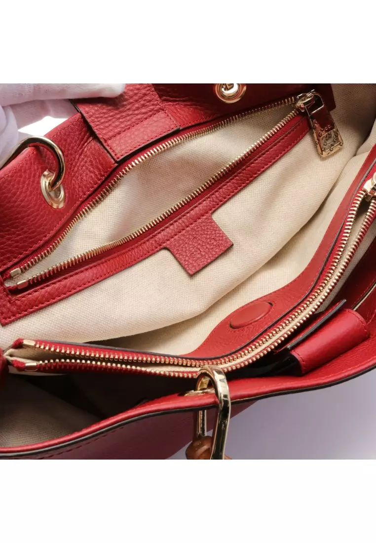 Pre-loved GUCCI Bamboo shopper Medium Handbag tote bag leather Red 2WAY