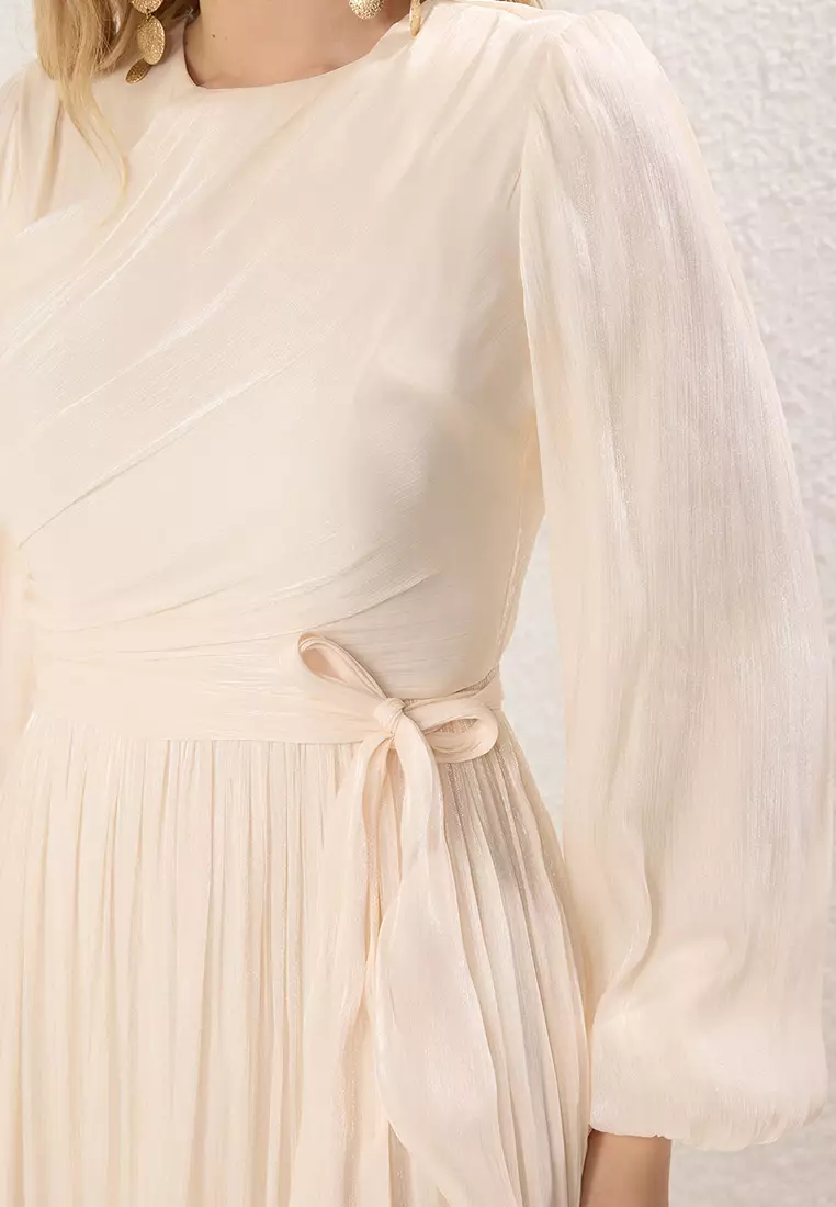 Ecru Belt Detail Glittery Lined Chiffon Wedding/Bride Evening Dress TCTAW25DB00012