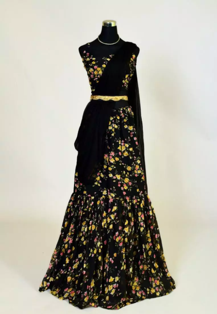 Black Floral Georgette Kurti Blouse With Gharara Dupatta