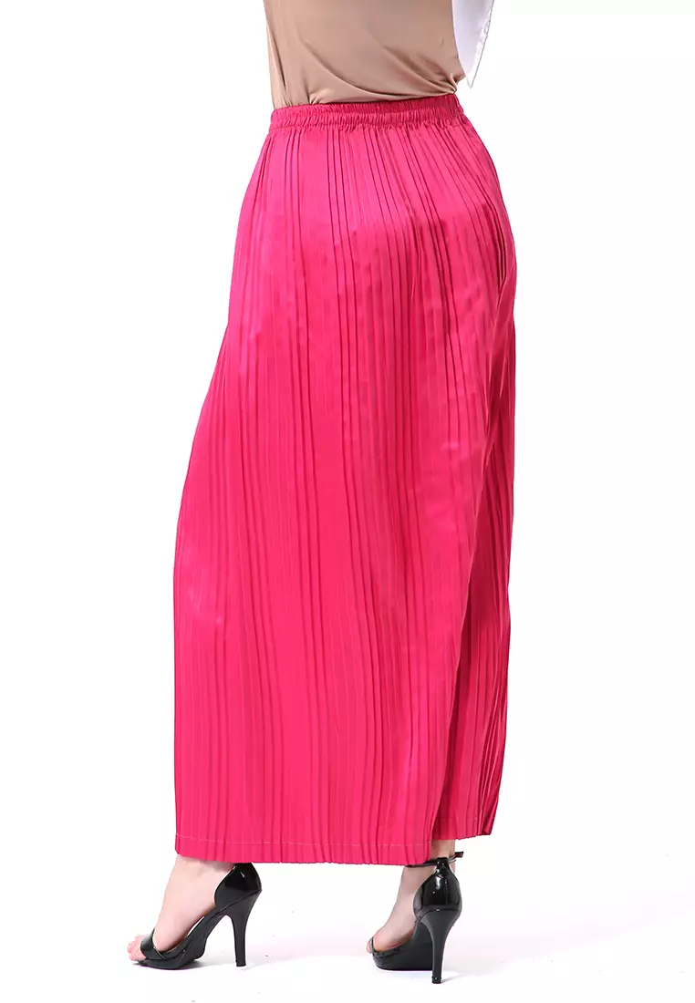 Angely Rok Plisket Rubbery Waist Fashion Wanita Simple - Pink Fanta