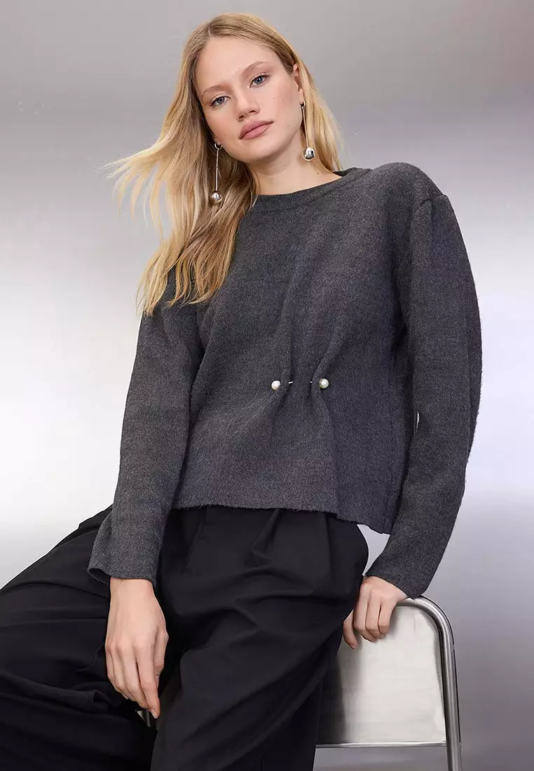Anthracite Soft Texture Accessory Detailed Knitwear Sweater