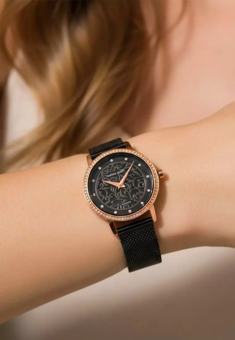Elite Watch Embellished with Rhinestone - Rose Gold and Black