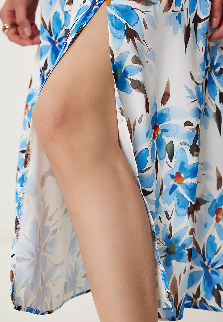 Women's Blue Bone Flower Pattern Strapless Woven Dress Jh00057