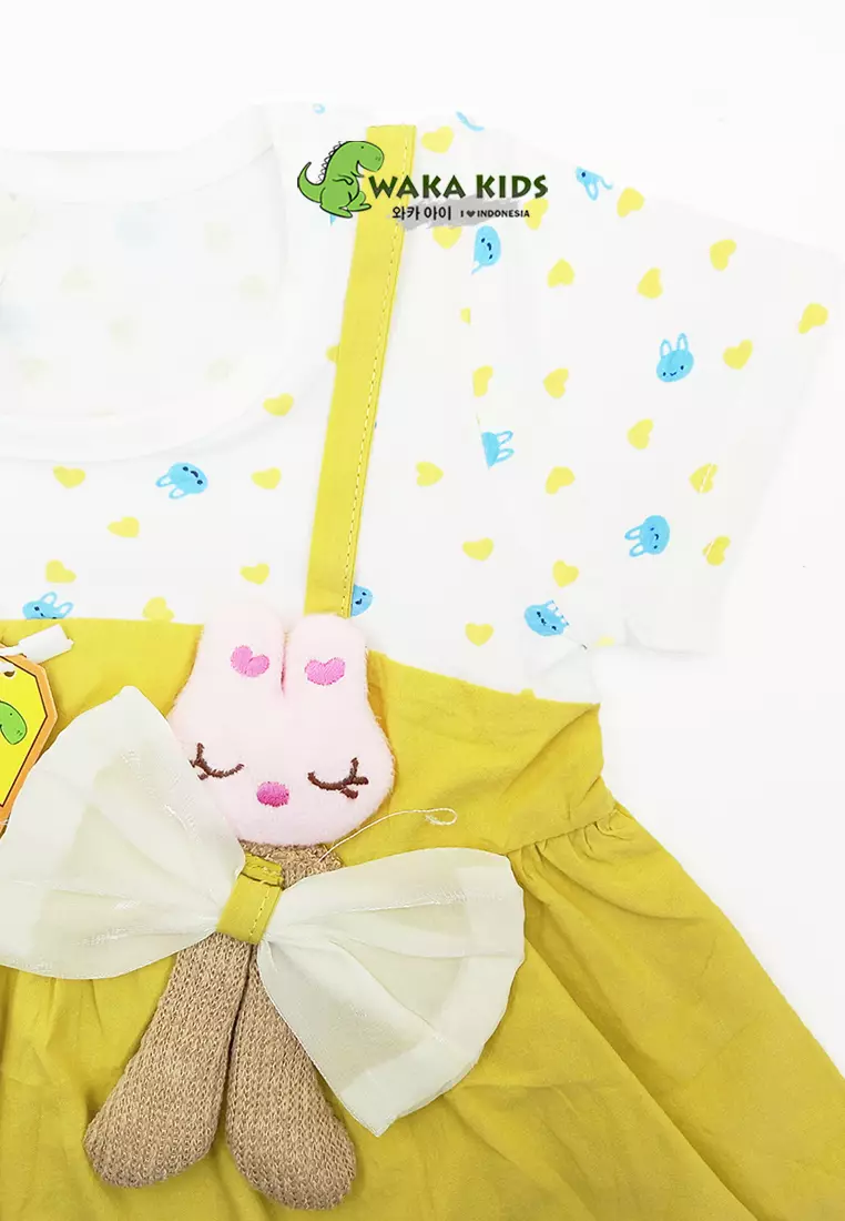 Wakakids Dress Bayi Anak Perempuan Lengan Pendek Katun Love Rabbit Pita 4484 Venrc Akula Hijau