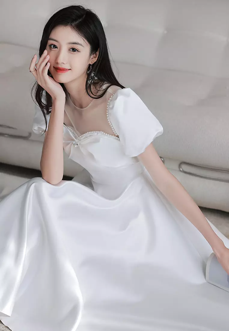 純色緞面法式泡泡袖晚禮服連衣裙CA092603W