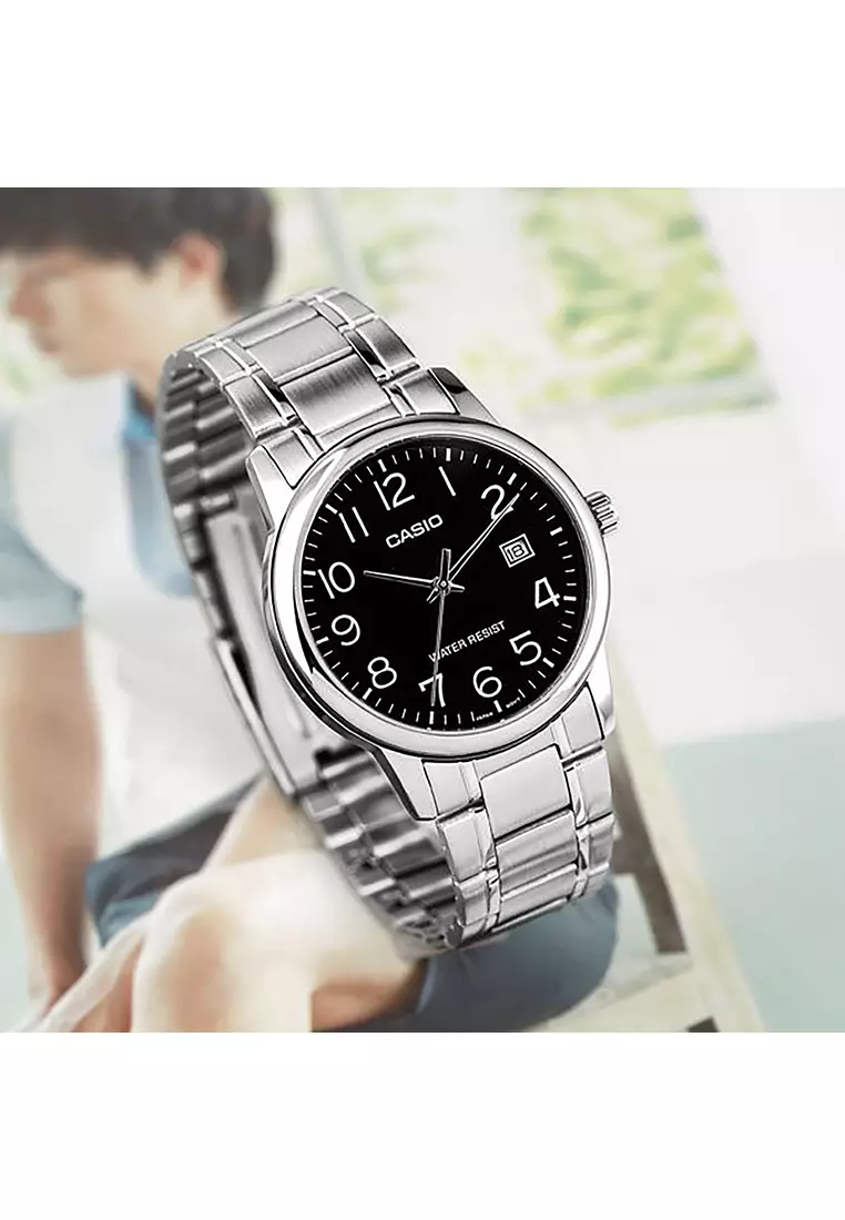 Couple Analog Watch MTP/LTP-V002D-1B Silver Stainless Steel Strap