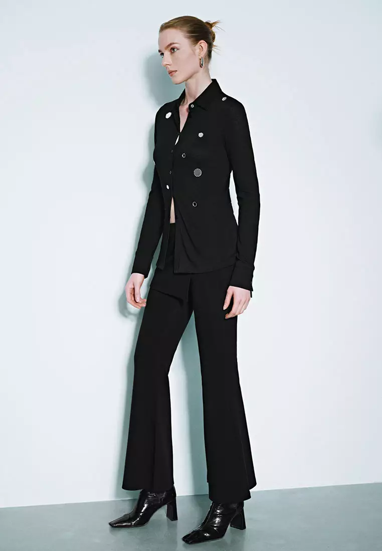 UR春季新款女装设计感镜面装饰长袖开襟衬衫UWJ250005