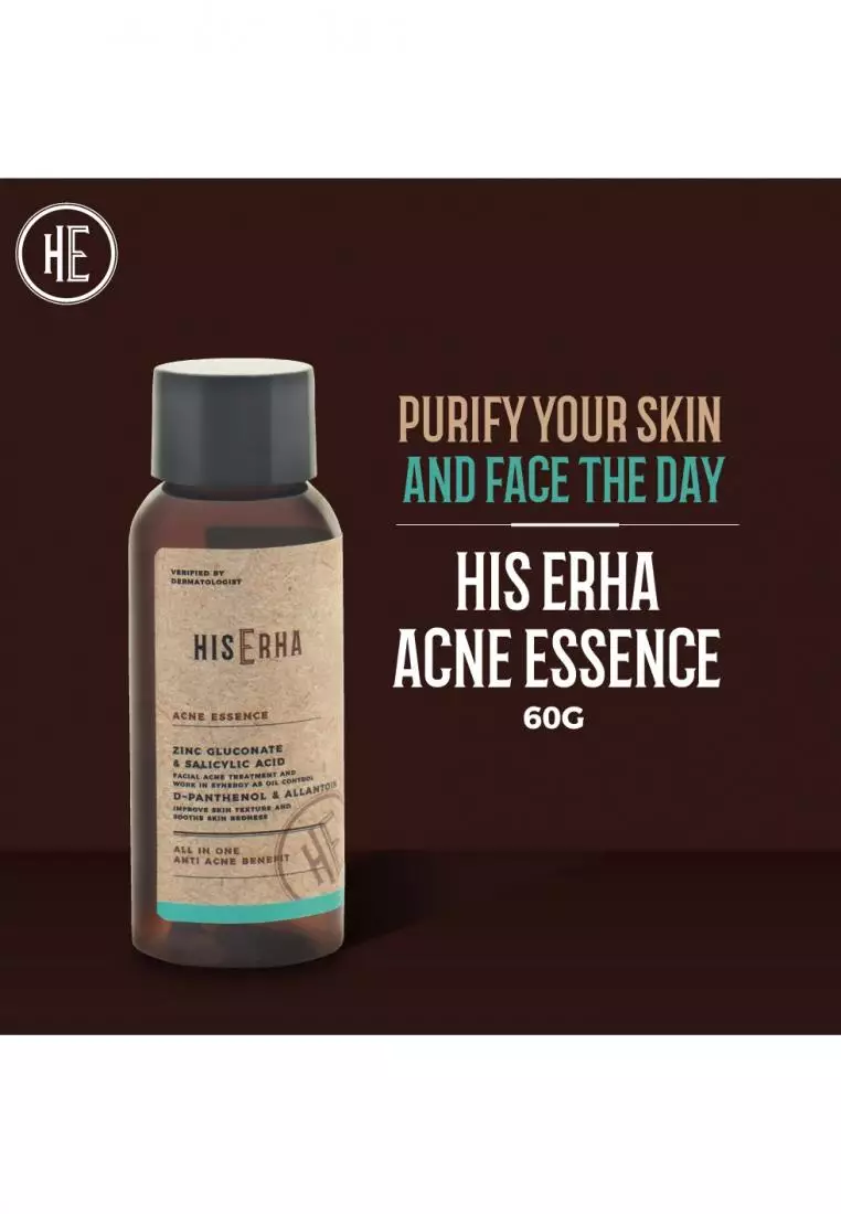 His Erha Gentle Acne Essence All In One With Zinc Gluconate, Salicylic Acid, D-Panthenol, & Allantoin - Serum Wajah Pria Berjerawat