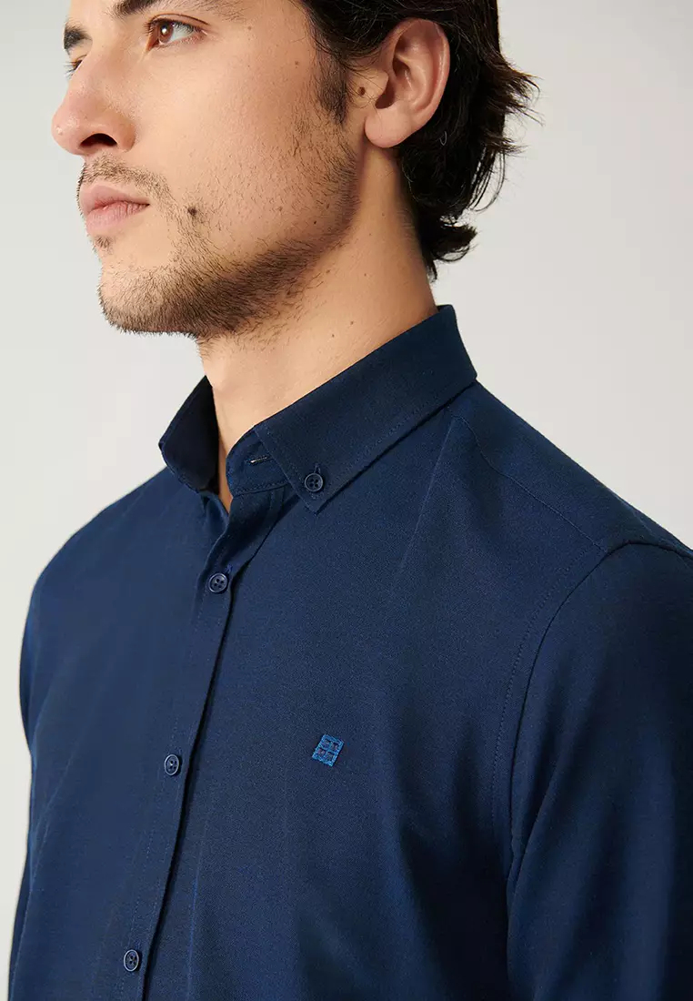 Men's Navy Blue Button-Down Collar Easy Iron Cotton Oxford Shirt E002000