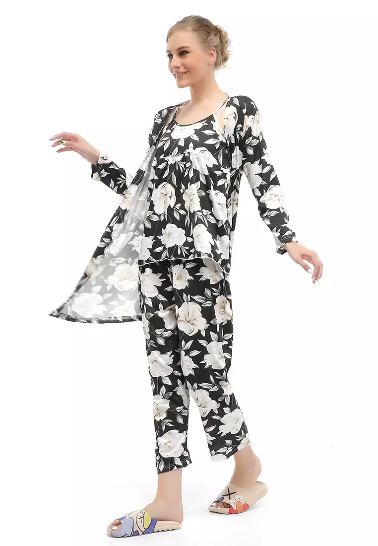 Vance Setelan Piyama Kimono Baju Tidur Wanita 3in1 Motif Bunga Material Cotton ORIGINAL - Black