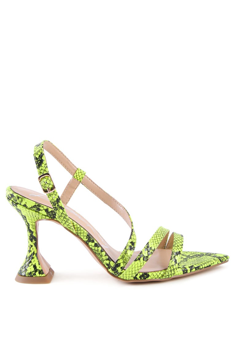 Neon Yellow Snake Print Spool Heeled Sandals