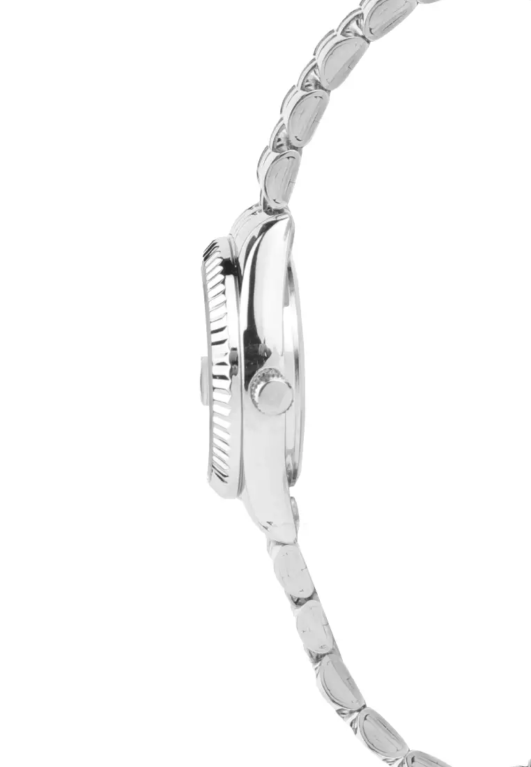 Roli Stainless Steel Date Watch with Fluted Bezel in White