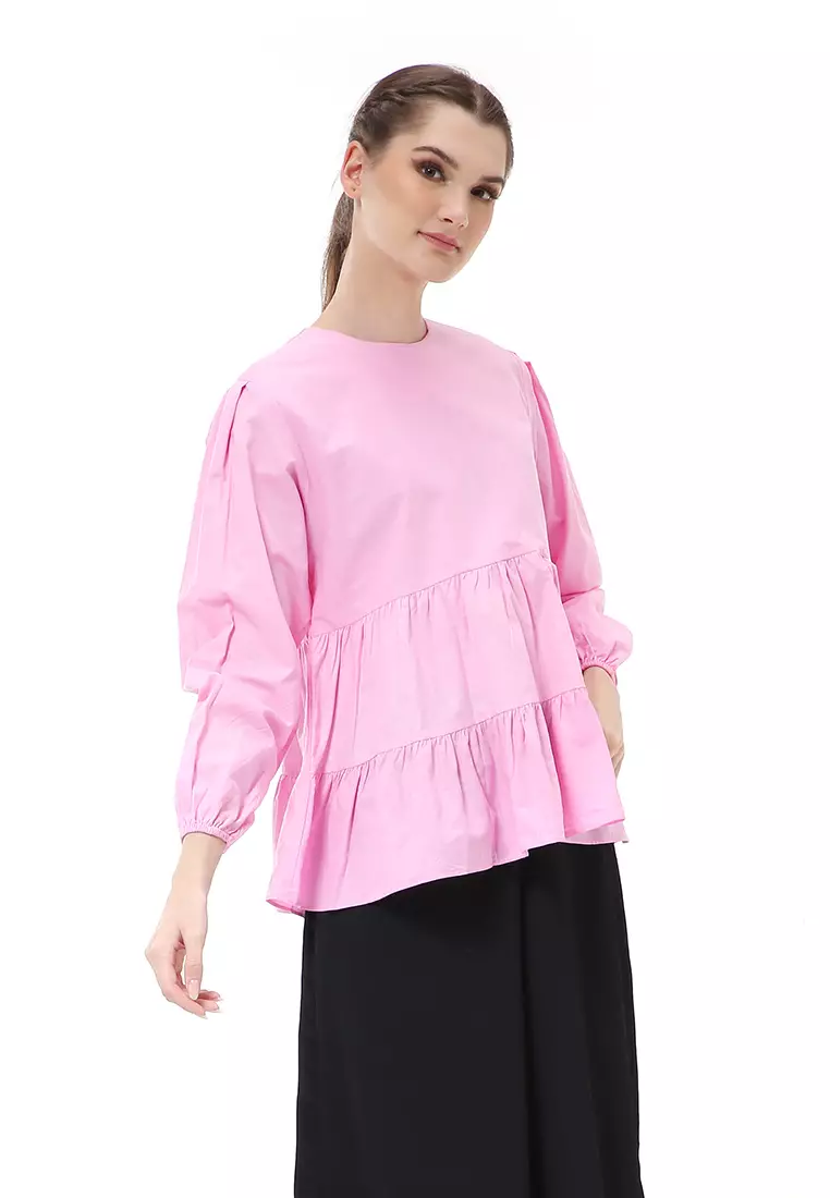Albertine Blouse Balon Atasan Wanita Lengan Panjang Simple Design Material Katun Poplin ORIGINAL - Pink