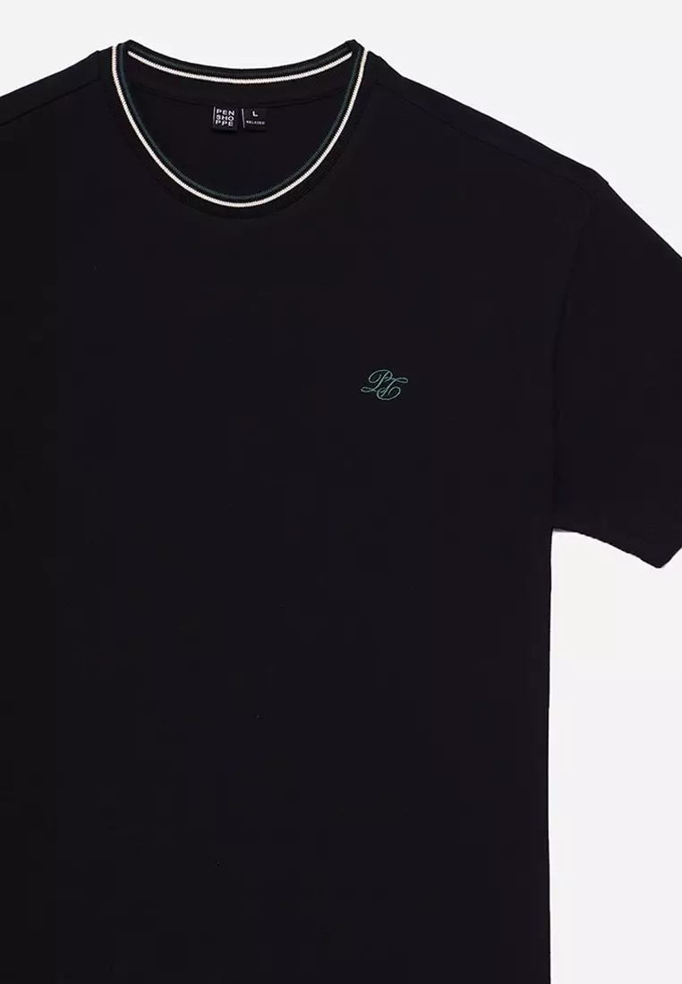 Penshoppe Relaxed Fit T Shirt With Contrast Ribbing And Embroidery
