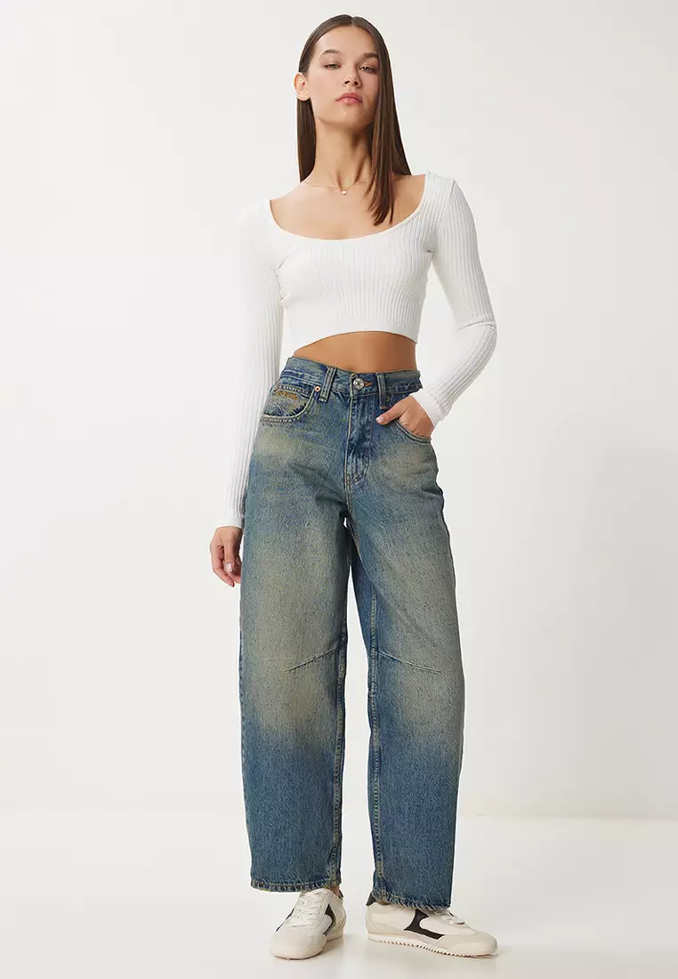 Women's Blue High Waist Faded Effect Baggy Jeans Ut00027