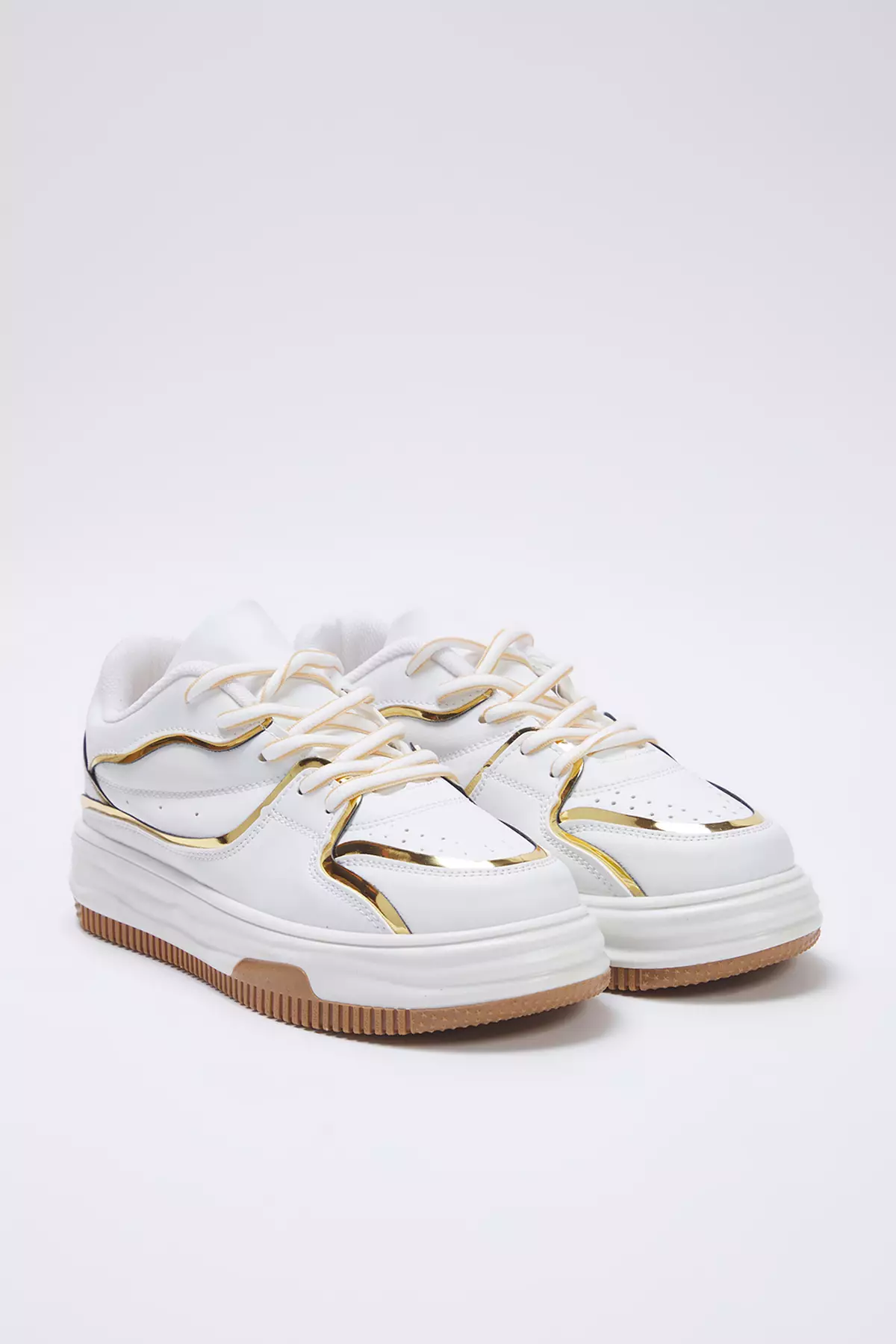 白色金屬感金色細節綁帶女士運動鞋 Takss25Sn00036