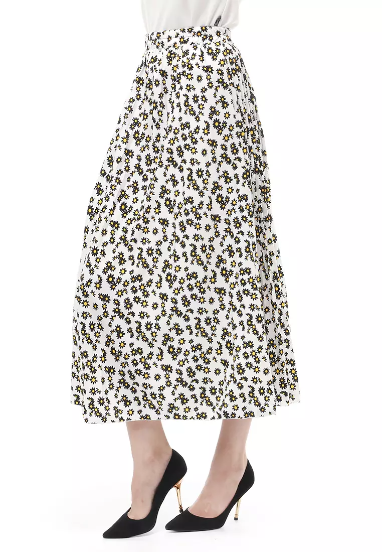 Rok Plisket Motif Print Design Vintage Rubbery Waist Bawahan Wanita - Daisy Kecil Putih