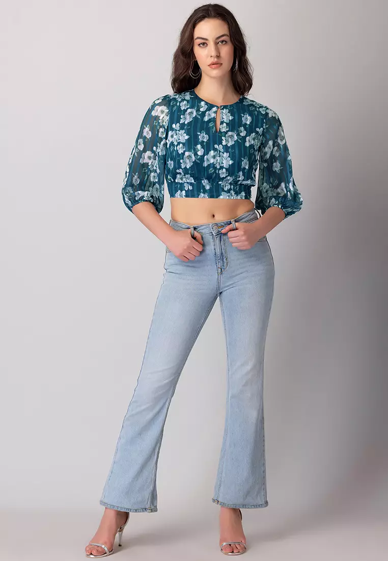 Teal Blue Floral Print Crop Top
