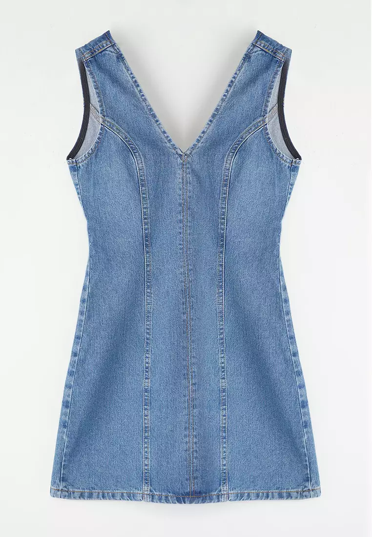 Blue V Neck Mini Denim Dress Twoss25El00151