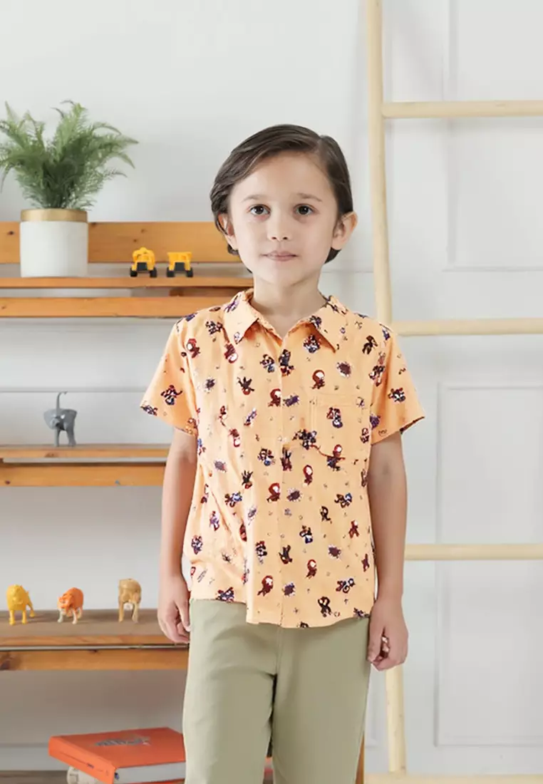Kemeja Anak Laki Laki Lengan Pendek Katun Motif Superhero Collar Shirt 4438 Vensk Orange