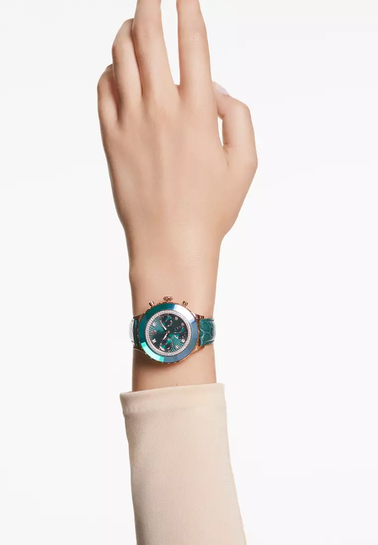 Octea Chrono watch, Swiss Made, Leather strap, Green, Rose gold-tone finish