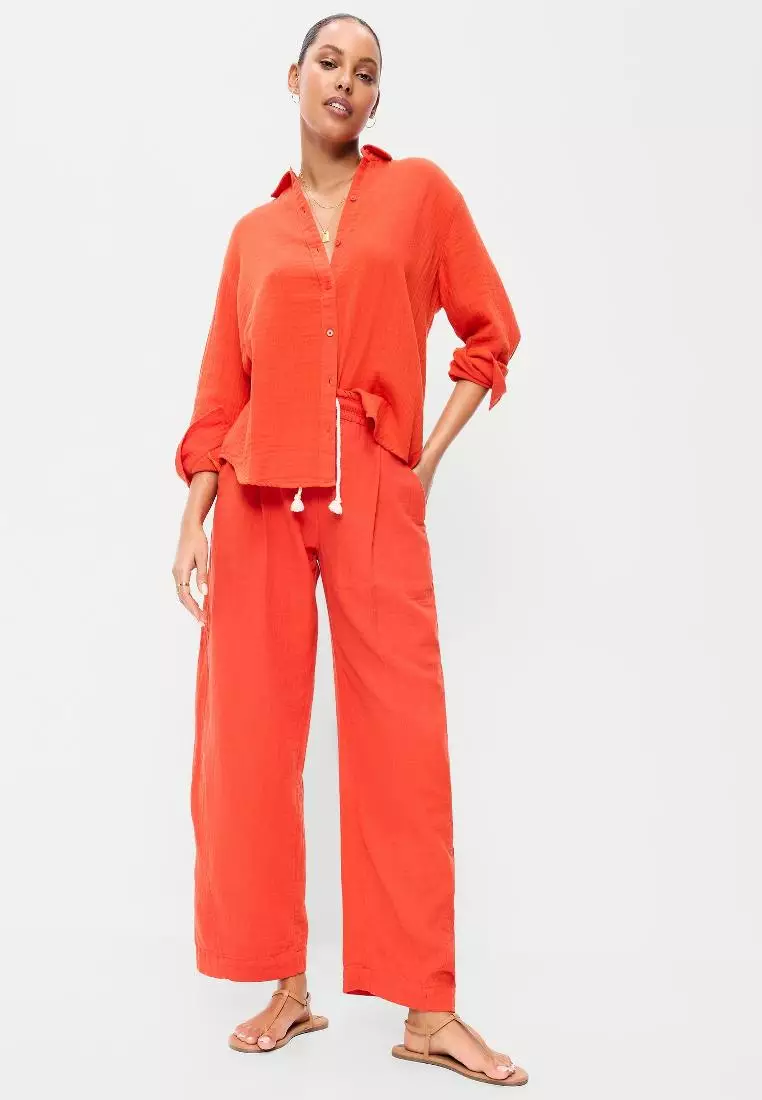 High-Waisted Crinkle Gauze Wide-Leg Barrel Pants