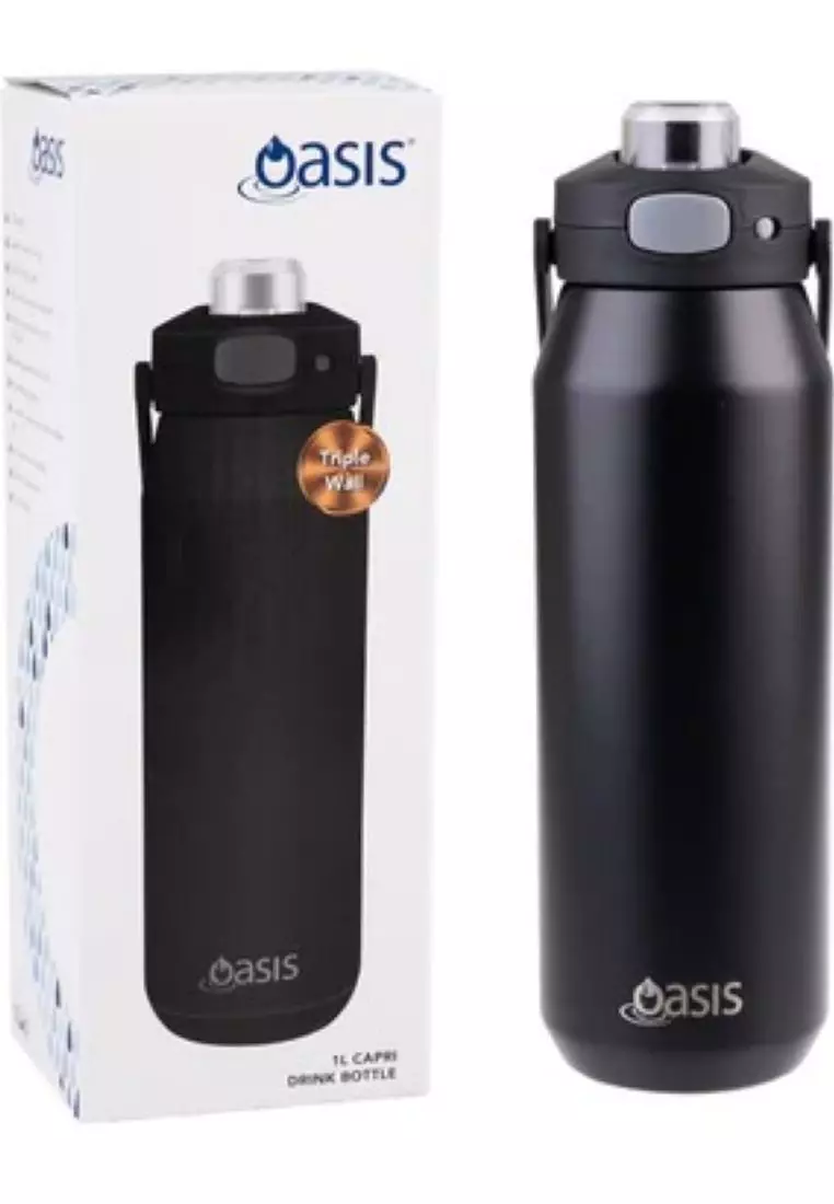 Oasis Ceramic Stainless Steel Triple Wall Capri Quick Release Drink Bottle 1L - Black