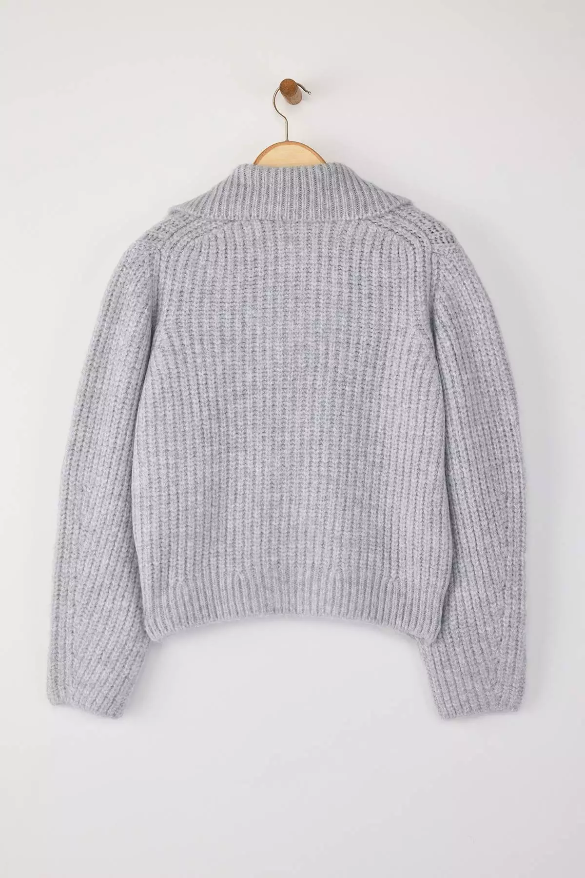 Gray Zipper Detailed Soft Textured Wide Fit Turn Down Collar Knitwear Cardigan